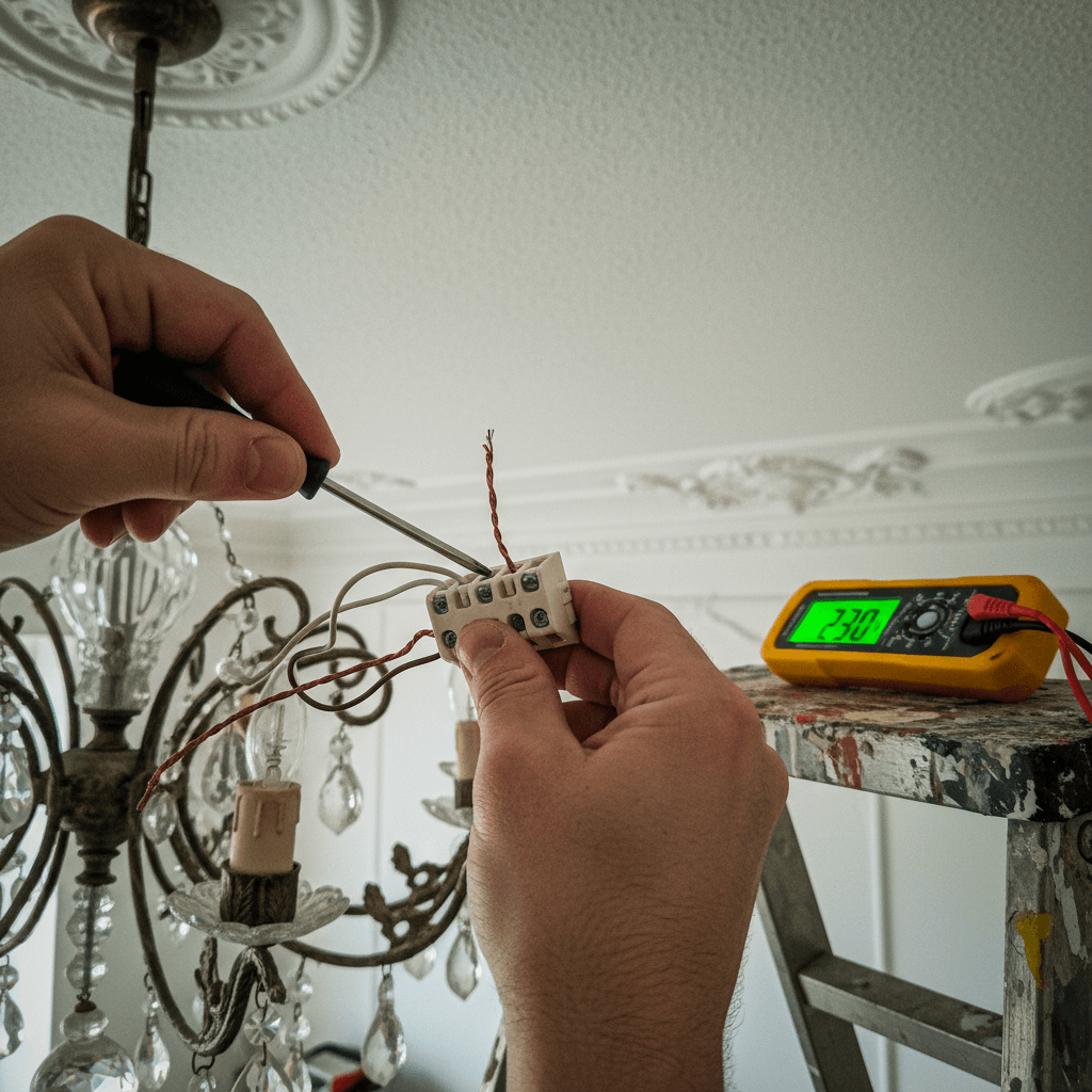 Elektroinstallateur montiert vorsichtig eine hochwertige Deckenleuchte im Wohnzimmer