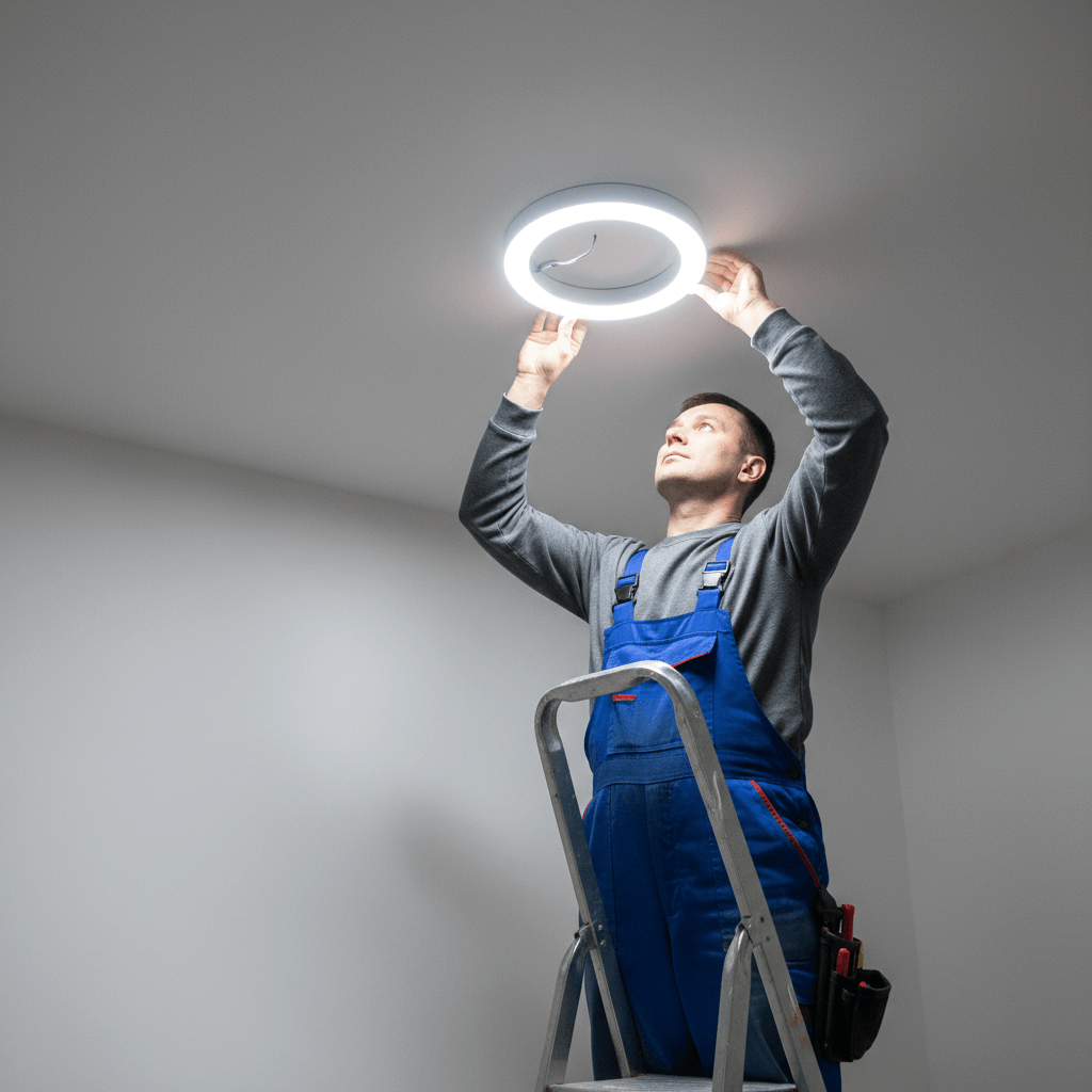 Techniker montiert eine Deckenleuchte auf einer Leiter