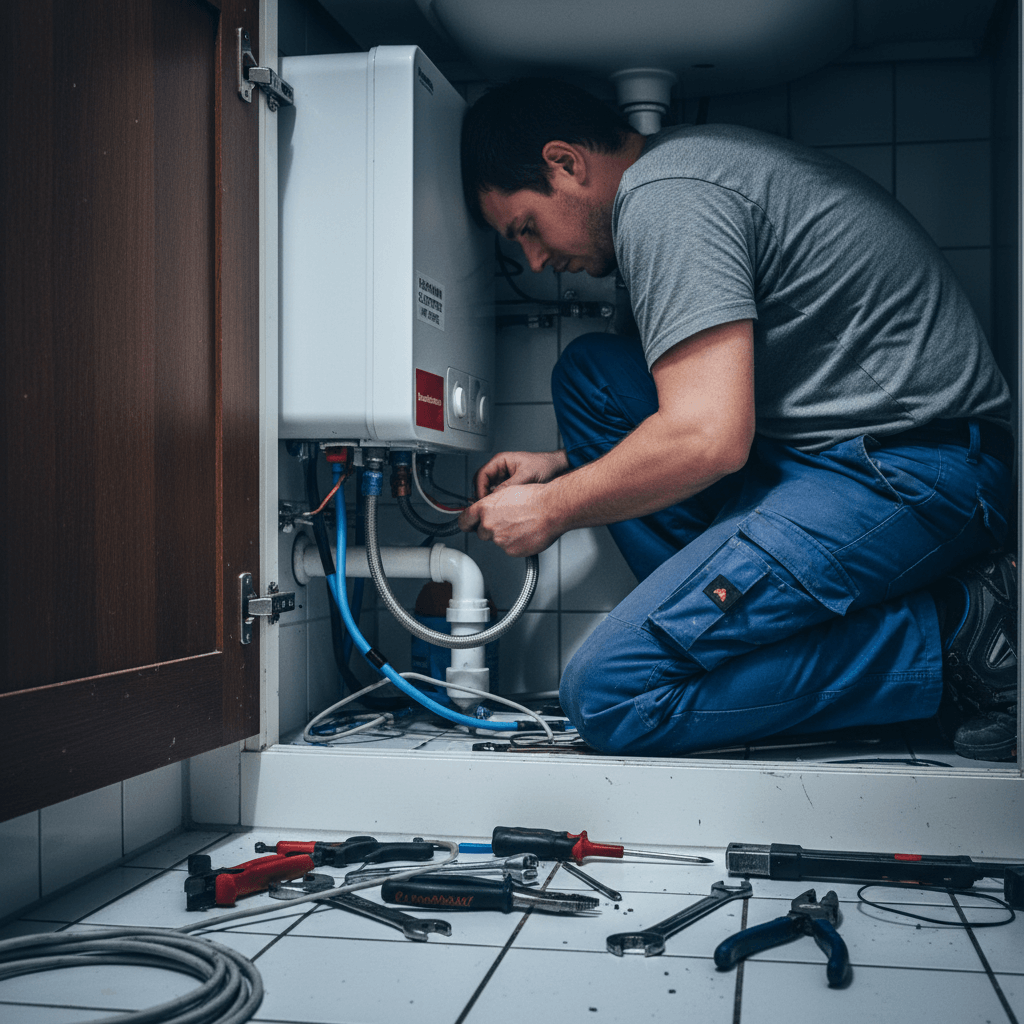 Durchlauferhitzer im Badezimmer wird fachmännisch angeschlossen