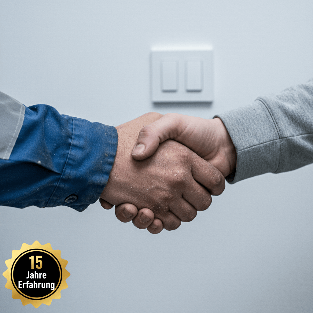 Freundlicher Handwerker reicht einem zufriedenen Kunden die Hand nach erfolgreicher Arbeit