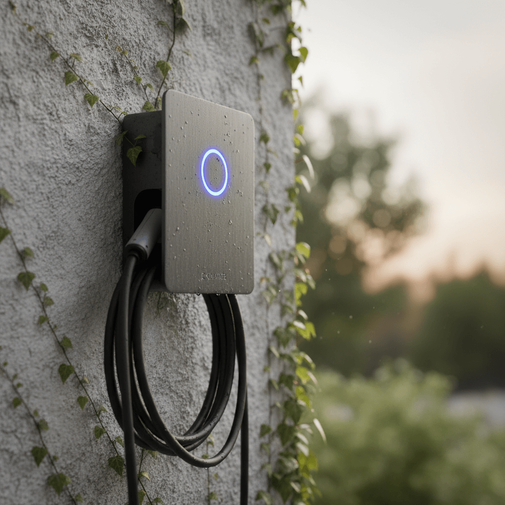 Großaufnahme einer Wallbox Ladestation an einer Hauswand