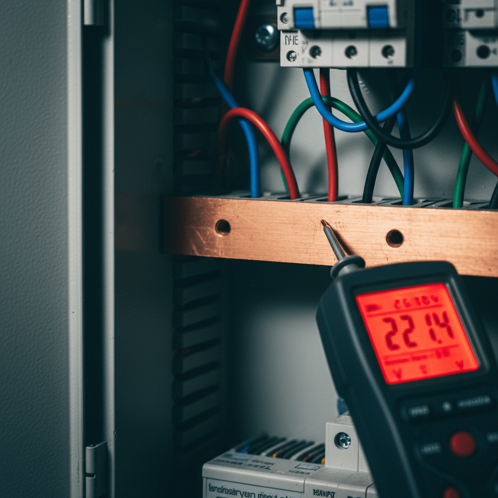 Prüfgerät im Einsatz bei einem E-Check in einem Sicherungskasten