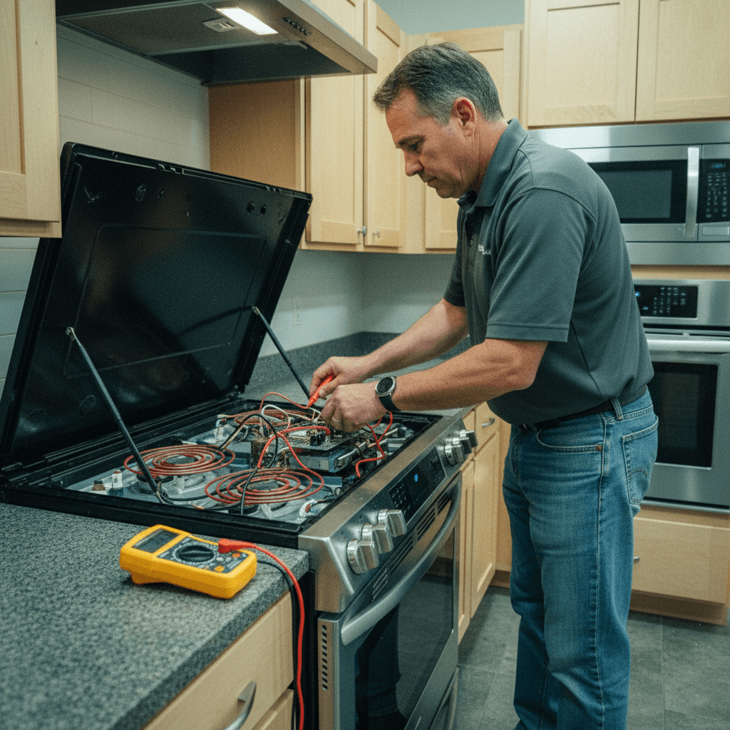 Elektriker schließt Kabel an einem Einbauherd in einer neuen Küche an
